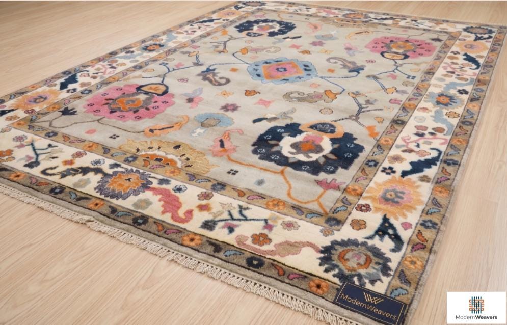 Hand-Knotted Oushak Rug | Light Grey, Pink & Navy Floral Area Rug | Modern Traditional Wool Rug for Living Room or Bedroom