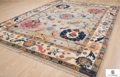 Hand-Knotted Oushak Rug | Light Grey, Pink & Navy Floral Area Rug | Modern Traditional Wool Rug for Living Room or Bedroom