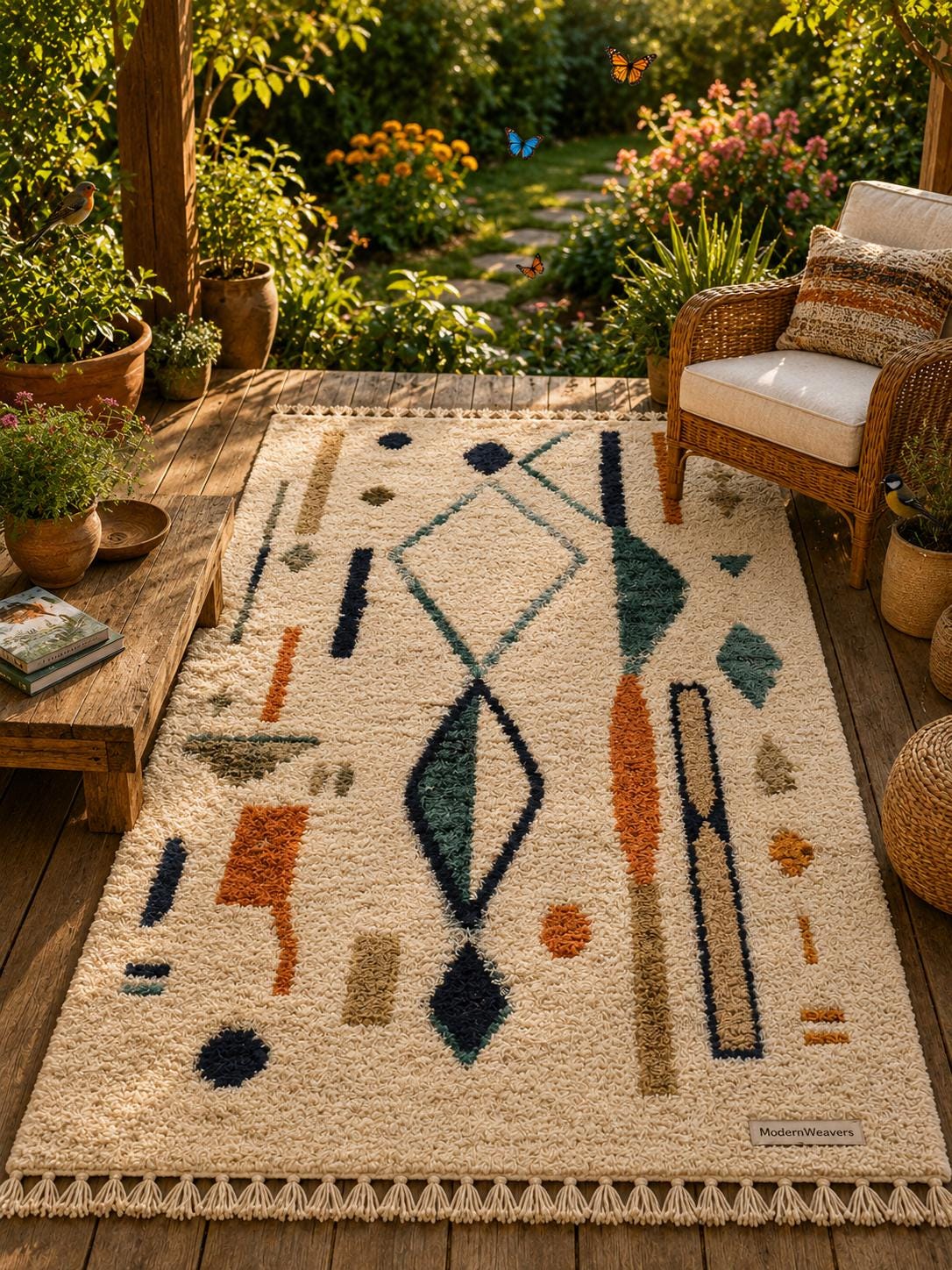 Abstract Geometric Moroccan Rug | Hand-Knotted Wool Shag Carpet | Bohemian Tribal Home Decor