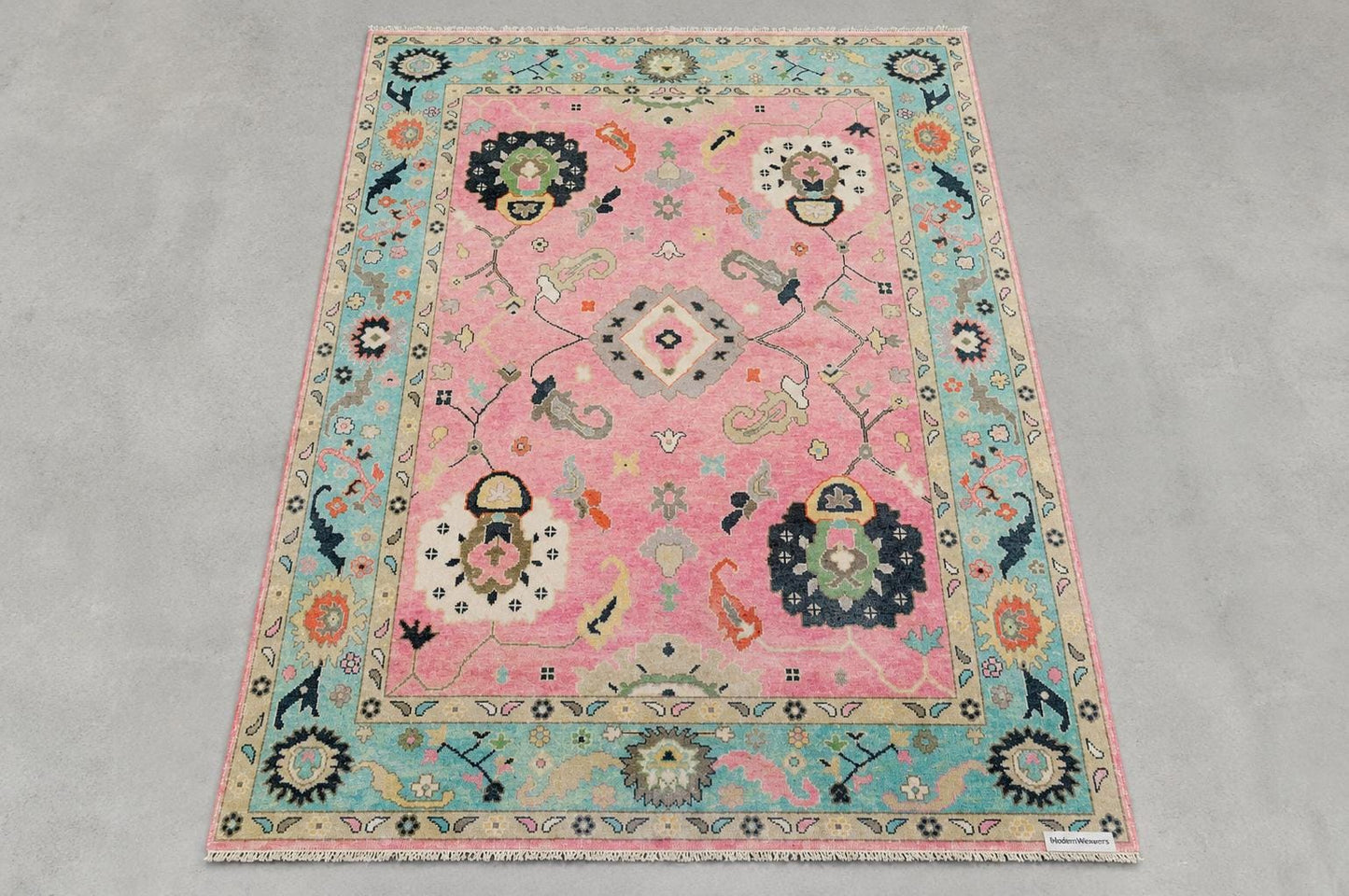 Pink Oushak Rug with Teal Border | ModernWeavers Hand-Knotted Wool Area Rug | Turkish Floral Medallion Carpet for Living Room or Nursery