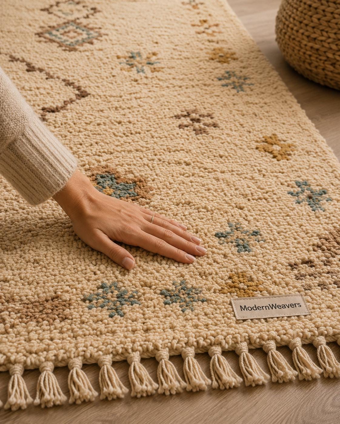 Hand-Knotted Moroccan Rug | Cream Plush Shag Area Rug, Beni Ourain Style Ivory, Blue, Brown