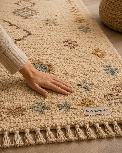 Hand-Knotted Moroccan Rug | Cream Plush Shag Area Rug, Beni Ourain Style Ivory, Blue, Brown