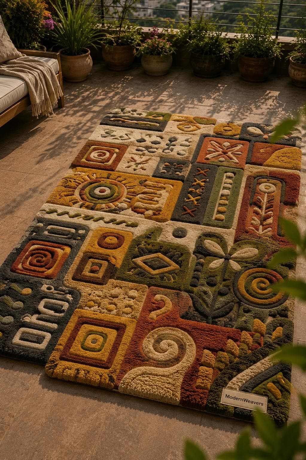 3D Carved Patchwork Rug | Earth Tone Folk Art Tufted Carpet | Boho Geometric Floor Art