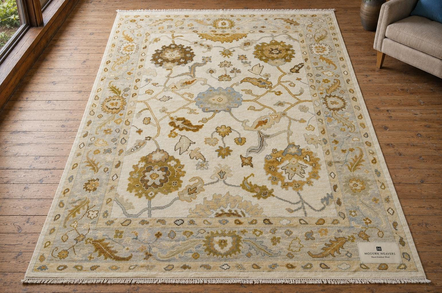 Hand-Knotted Transitional Oushak Style Area Rug | Ivory, Muted Gold & Soft Blue Floral Motif
