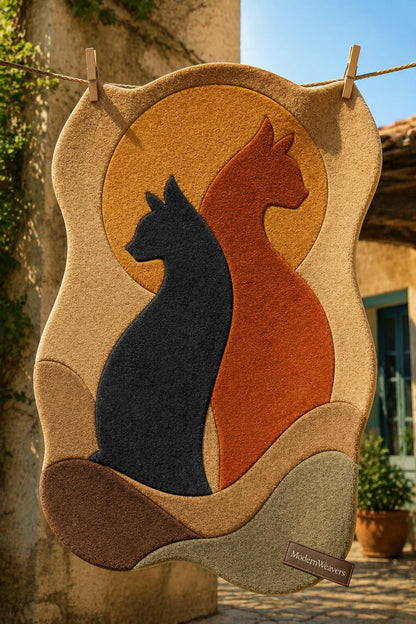 Cat Silhouette Hand Tufted Rug | Whimsical Pet Lover Area Rug | Modern Sun & Cats Wall Art | 3D Textured Boho Carpet for Cat Owners