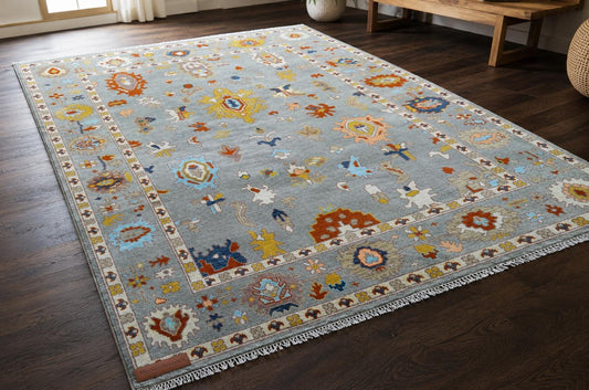 8x10 Hand Knotted Oushak Rug | ModernWeavers Tribal Blue Area Rug | Artisan Wool Carpet for Living Room | Boho Geometric Decor