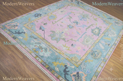 Hand-Knotted Wool Oushak Rug, Pastel Pink Teal Transitional Living Room Carpet