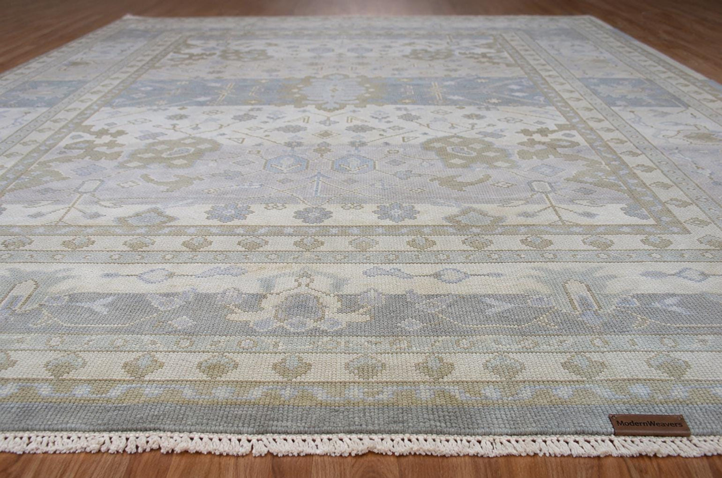 Hand-Knotted Oushak Style Rug | Muted Pastel Blue, Ivory, Taupe Wool Area Carpet