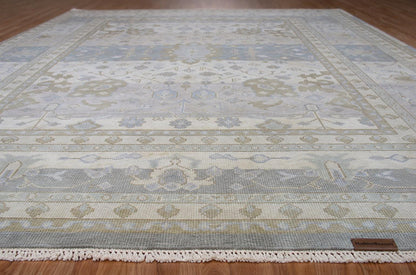 Hand-Knotted Oushak Style Rug | Muted Pastel Blue, Ivory, Taupe Wool Area Carpet