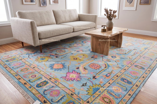 Hand-Knotted Oushak Wool Rug – 9x12 Sky Blue Floral Carpet, Indian Artisan Weave