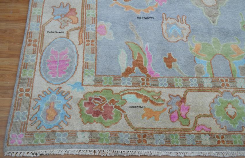 Hand-Knotted Wool Oriental Floral Rug – Soft Blue Pastel Accents, 8x10 Area Carpet