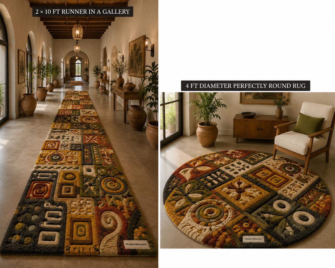3D Carved Patchwork Rug | Earth Tone Folk Art Tufted Carpet | Boho Geometric Floor Art