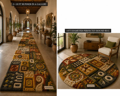 3D Carved Patchwork Rug | Earth Tone Folk Art Tufted Carpet | Boho Geometric Floor Art