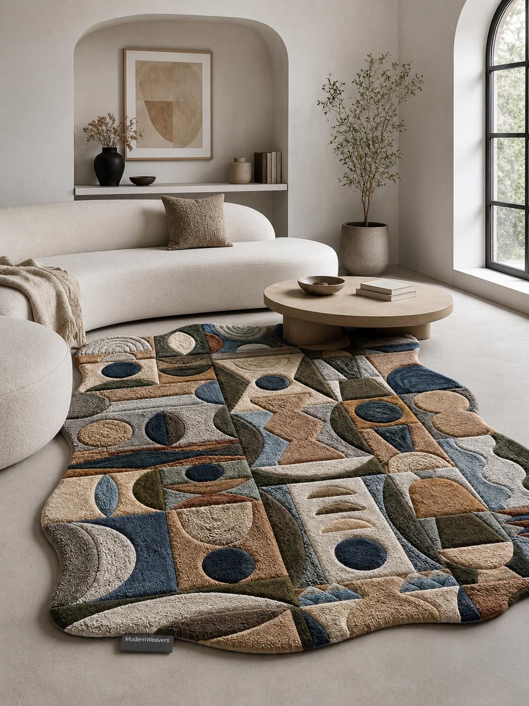 Modern Geometric Hand Tufted Rug | Bauhaus Abstract Art Carpet | Textured Mid-Century Modern Floor Decor | Unique Organic Shape Area Rug