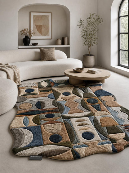 Modern Geometric Hand Tufted Rug | Bauhaus Abstract Art Carpet | Textured Mid-Century Modern Floor Decor | Unique Organic Shape Area Rug