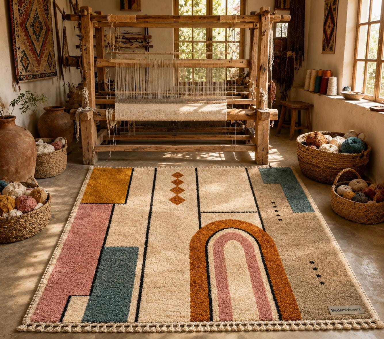 Geometric Moroccan Wool Rug | Bauhaus Arch Design, Pink Mustard Teal
