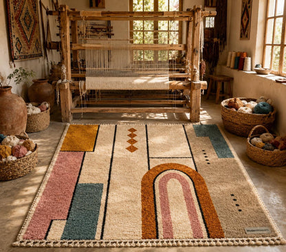 Geometric Moroccan Wool Rug | Bauhaus Arch Design, Pink Mustard Teal