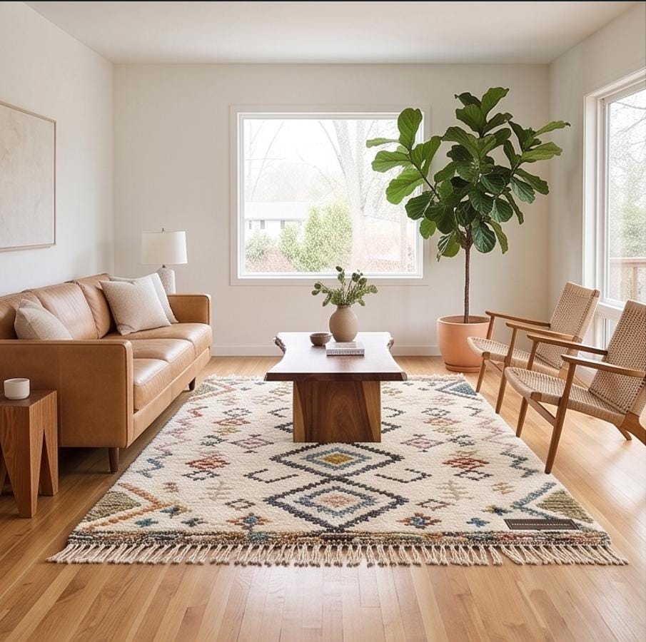 Boho Moroccan Geometric Area Rug | Plush Cream & Colorful Diamond Area Rug | Handwoven Shag Carpet by ModernWeavers | Custom Sizes