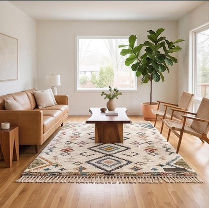 Boho Moroccan Geometric Area Rug | Plush Cream & Colorful Diamond Area Rug | Handwoven Shag Carpet by ModernWeavers | Custom Sizes