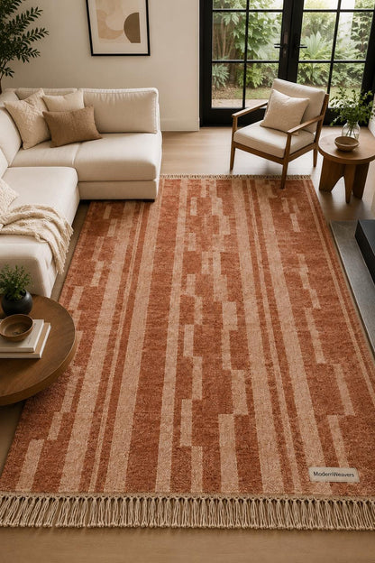 Terracotta Abstract Geometric Wool Rug | Rust Beige Boho Shag Carpet