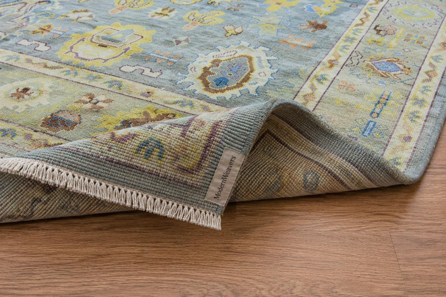 Hand Knotted Oushak Rug | Light Blue & Yellow Floral Geometric Area Rug | Muted Pastel Traditional Wool Carpet for Living Room, Bedroom