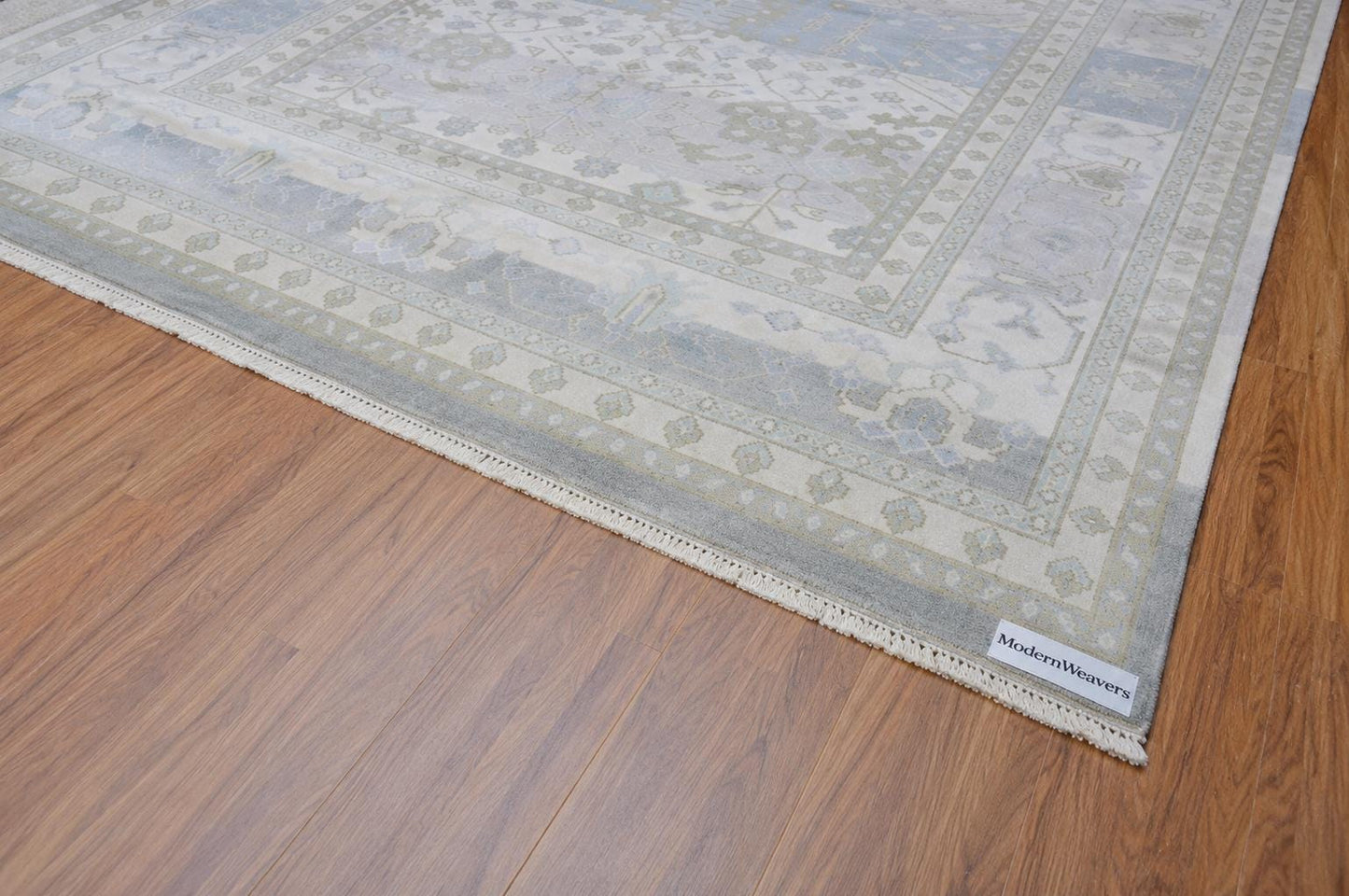 Hand-Knotted Oushak Style Rug | Muted Pastel Blue, Ivory, Taupe Wool Area Carpet