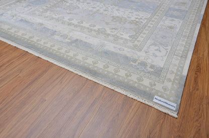 Hand-Knotted Oushak Style Rug | Muted Pastel Blue, Ivory, Taupe Wool Area Carpet
