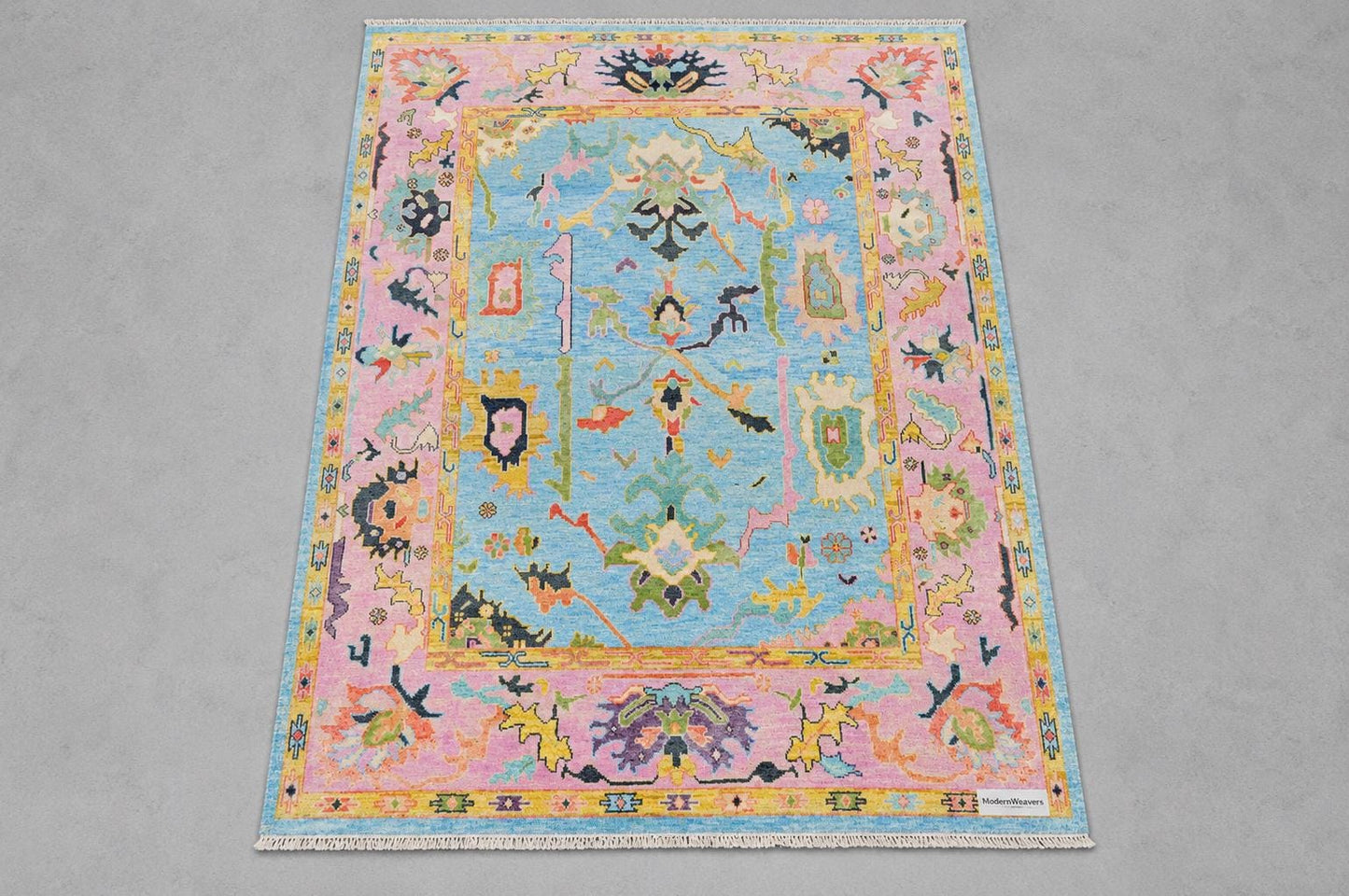 Boho-Chic Hand-Knotted Wool Rug, Pink & Blue Floral Pattern – ModernWeavers Statement Piece for Living Room
