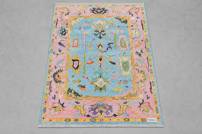 Boho-Chic Hand-Knotted Wool Rug, Pink & Blue Floral Pattern – ModernWeavers Statement Piece for Living Room