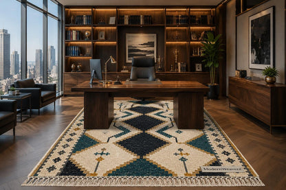 Hand Knotted Moroccan Rug | Teal Blue Mustard Diamond Tribal Carpet
