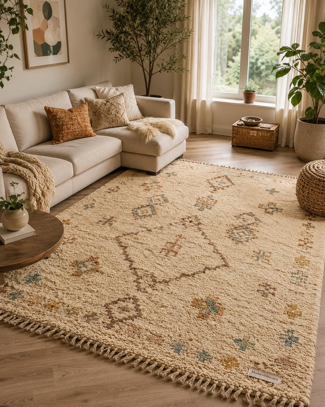 Hand-Knotted Moroccan Rug | Cream Plush Shag Area Rug, Beni Ourain Style Ivory, Blue, Brown