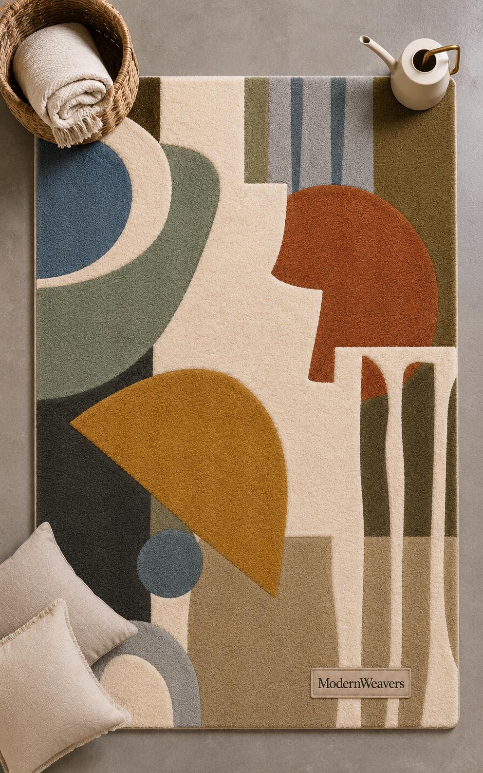 Mid-Century Modern Abstract Geometric Area Rug | Hand-Tufted Earth Tone Rug | Boho Contemporary Accent Rug for Living Room & Bedroom