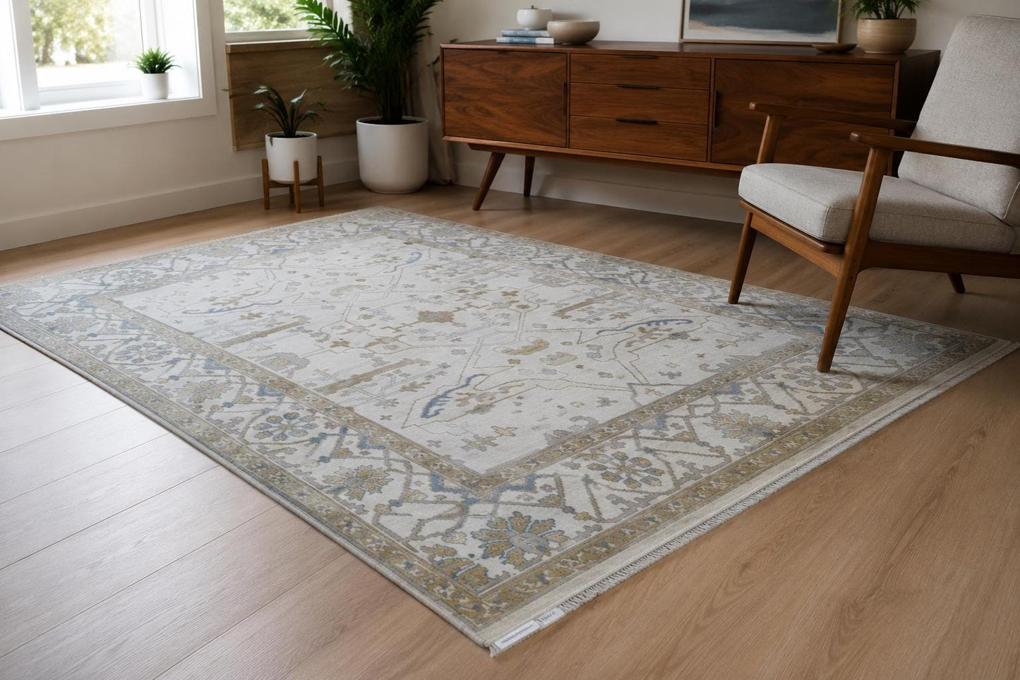 Hand Knotted Oushak Style Area Rug | Cream, Soft Blue, and Muted Gold Geometric Rug | Neutral Modern Farmhouse Wool Rug