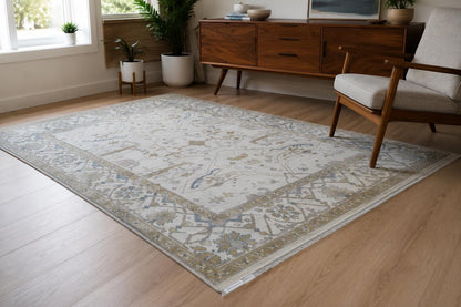 Hand Knotted Oushak Style Area Rug | Cream, Soft Blue, and Muted Gold Geometric Rug | Neutral Modern Farmhouse Wool Rug