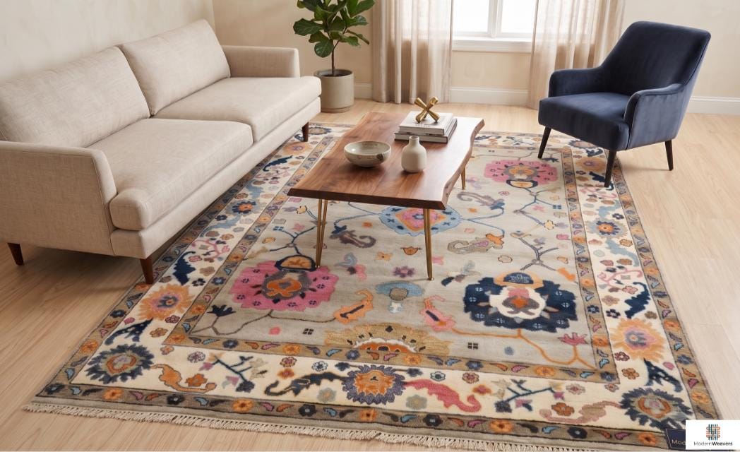 Hand-Knotted Oushak Rug | Light Grey, Pink & Navy Floral Area Rug | Modern Traditional Wool Rug for Living Room or Bedroom