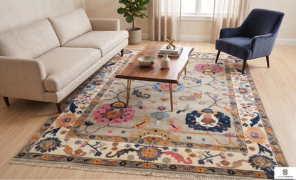 Hand-Knotted Oushak Rug | Light Grey, Pink & Navy Floral Area Rug | Modern Traditional Wool Rug for Living Room or Bedroom