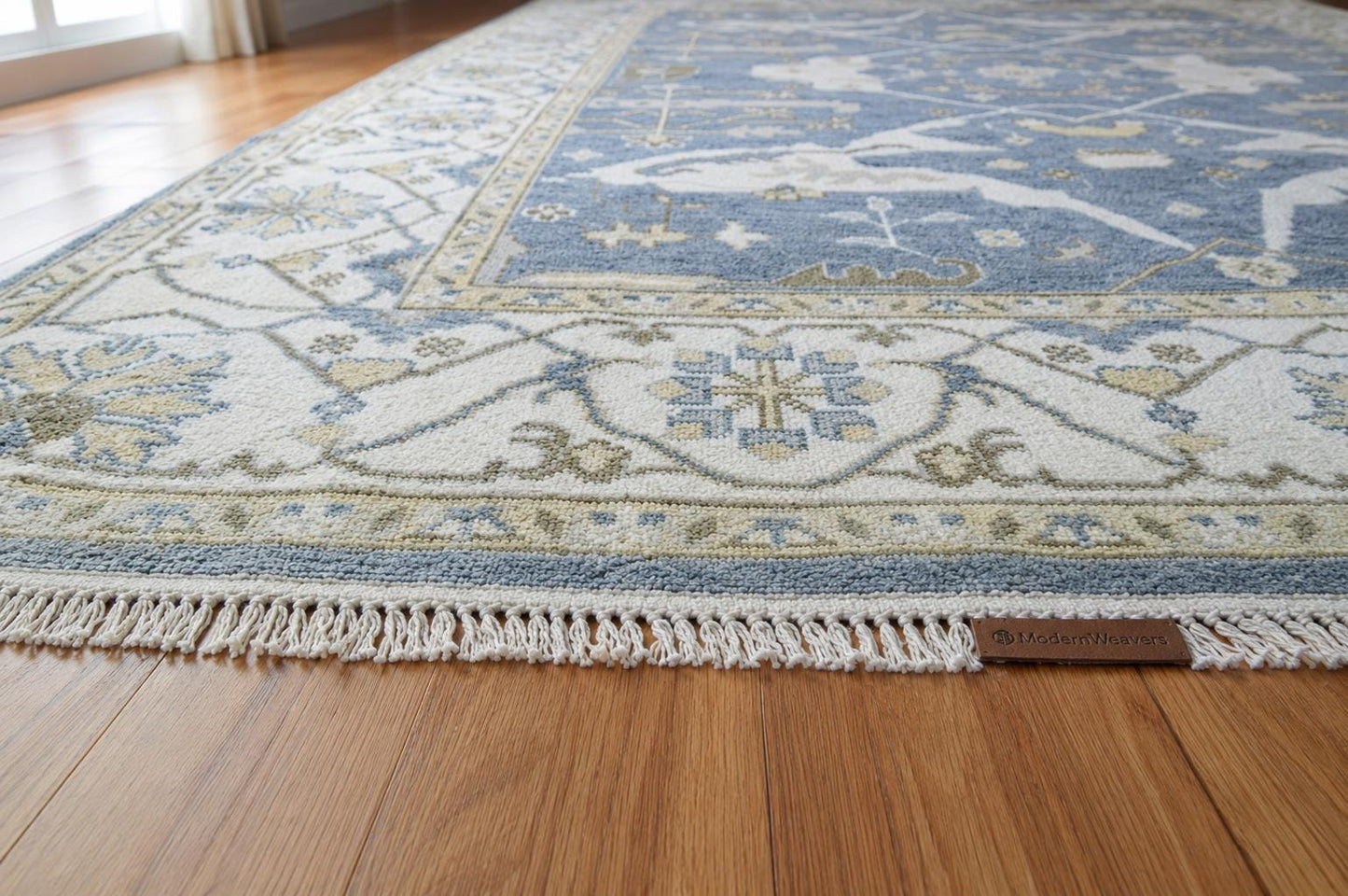 Hand-Knotted Oushak Style Wool Rug | Blue Ivory Geometric Medallion Carpet 8x10