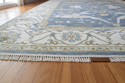 Hand-Knotted Oushak Style Wool Rug | Blue Ivory Geometric Medallion Carpet 8x10