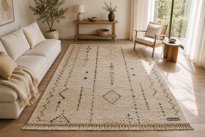 Hand-Knotted Moroccan Rug | Cream Brown Beni Ourain Style Tribal Diamond Wool Area Rug
