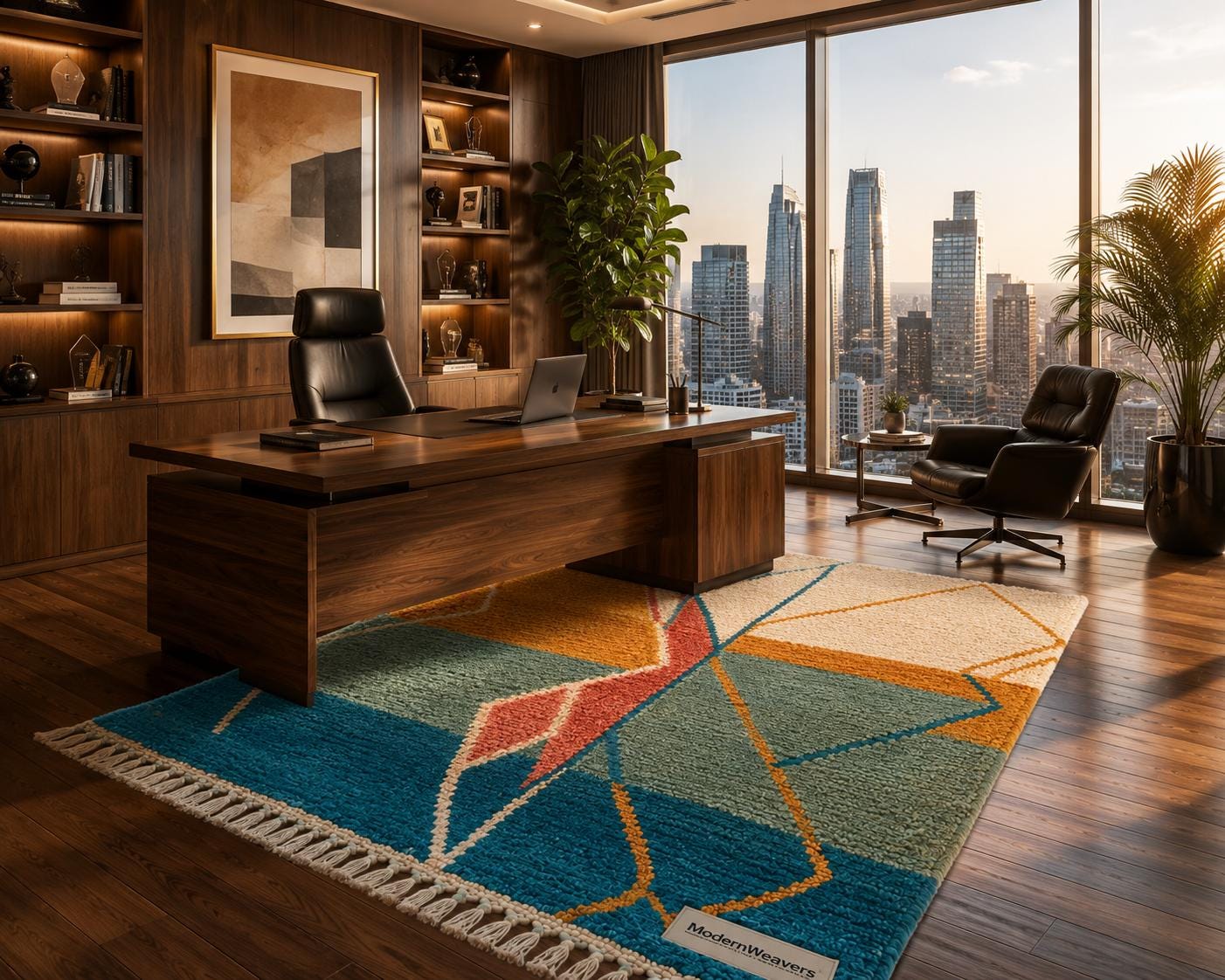 Hand Knotted Moroccan Wool Rug | Abstract Sunset Geometric Carpet, Boho Teal Mustard Coral
