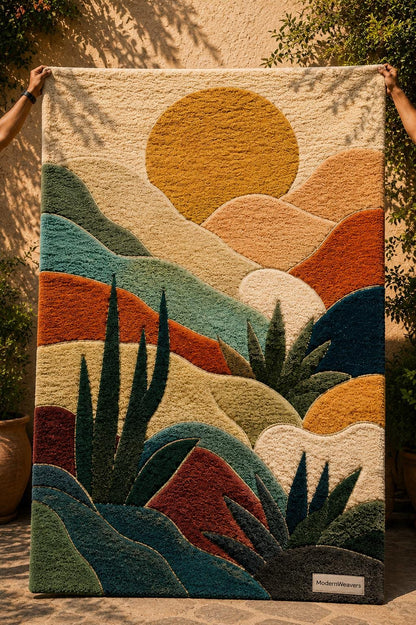 3D Abstract Desert Landscape Rug | Hand-Tufted Sunset Botanical Carpet | Southwestern Boho Decor