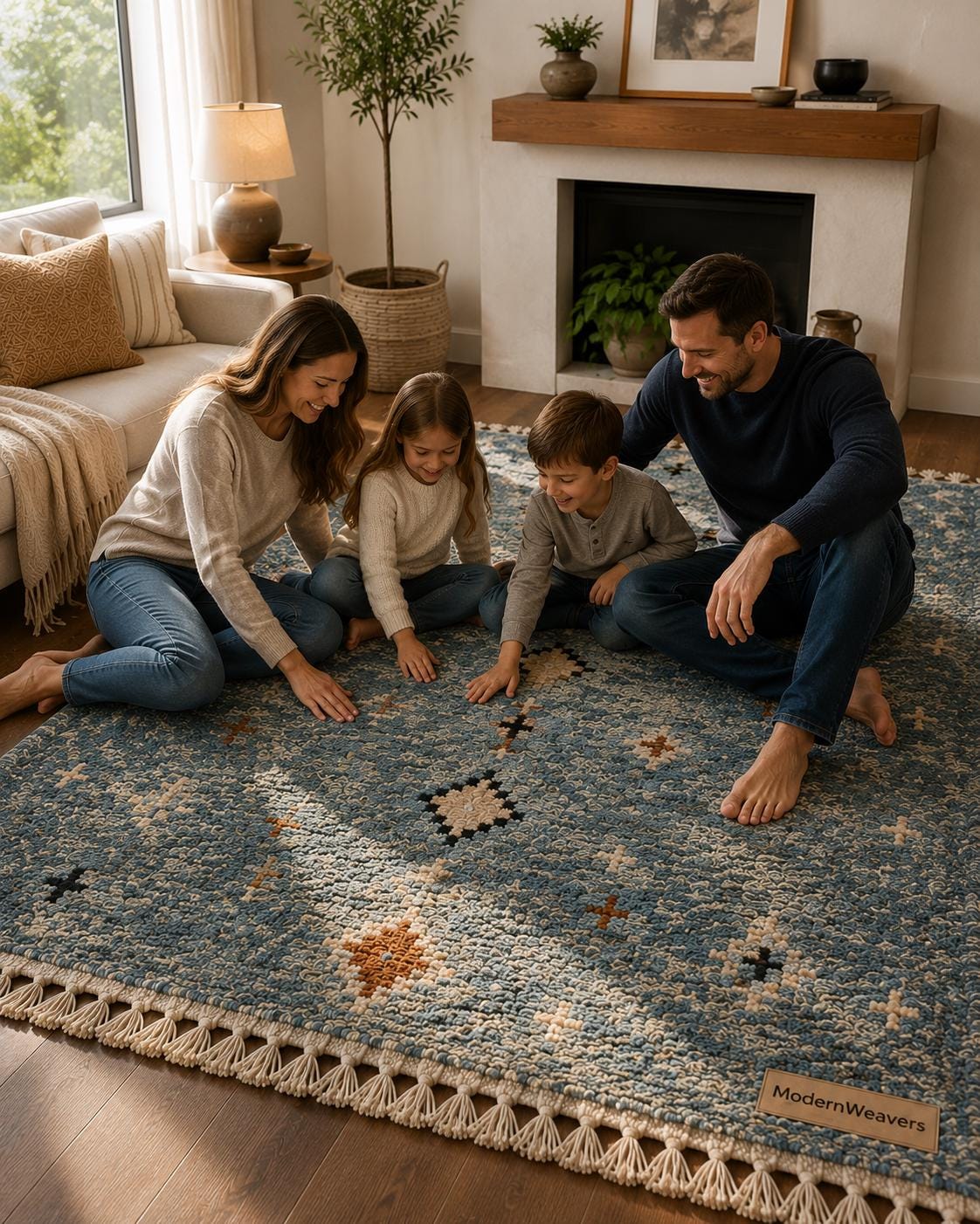 Dusty Blue Hand-Knotted Wool Rug | Tribal Diamond Boho Shag Carpet