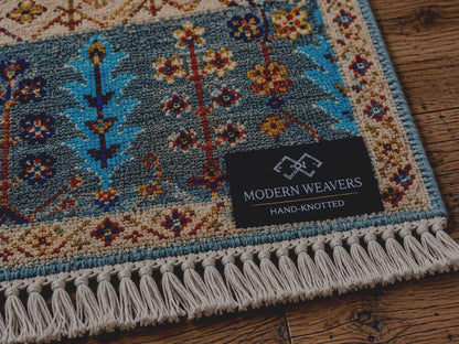 Hand Knotted Wool Area Rug | Cream & Slate Blue Oushak Style Floral Rug | Traditional Vintage Inspired Carpet for Living Room, Bedroom |
