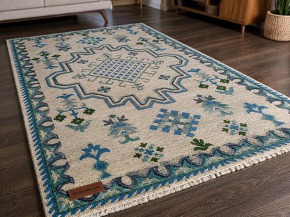 Hand Knotted Ivory and Blue Geometric Area Rug | Transitional Medallion Carpet with Green Accents | Coastal Boho Living Room Decor