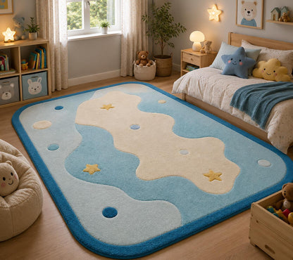 Hand Tufted Cloud Stars Nursery Rug | Pastel Blue Playroom Carpet, Kids Floor Art