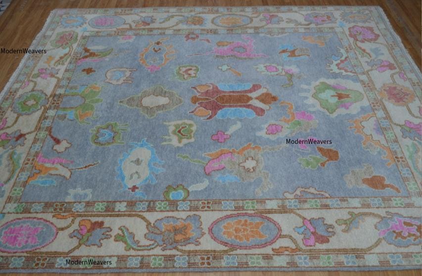 Hand-Knotted Wool Oriental Floral Rug – Soft Blue Pastel Accents, 8x10 Area Carpet