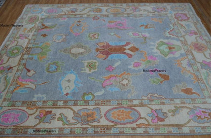Hand-Knotted Wool Oriental Floral Rug – Soft Blue Pastel Accents, 8x10 Area Carpet