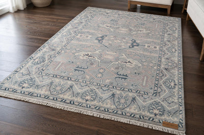 Hand-Knotted Luxury Area Rug - Traditional Floral Motif - 8x10 Large Living Room Carpet - Soft Grey & Cream Palette - Artisan Crafted Rug