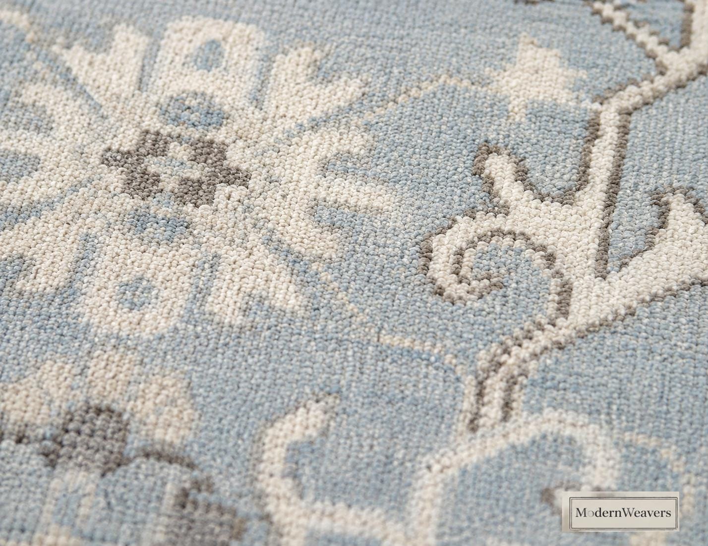 Hand Knotted Oushak Rug | Light Blue Ivory Wool Carpet 9x12