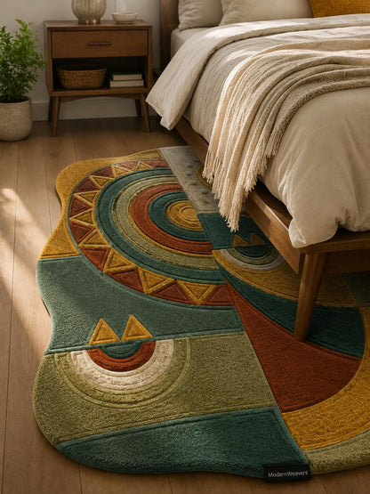 Celestial Boho Hand Tufted Rug | Tribal Geometric Statement Carpet | Earthy Sun & Moon Abstract Art | Unique Organic Shape Floor Decor